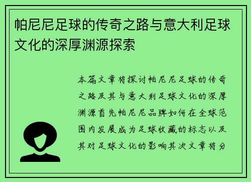 帕尼尼足球的传奇之路与意大利足球文化的深厚渊源探索